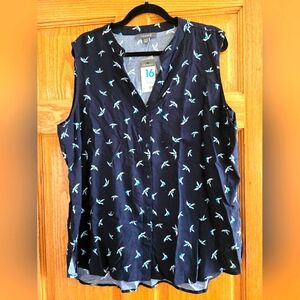 Women's Navy Bird Print Sleeveless Button Down Top